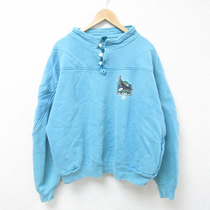 XL★古着 長袖 スウェット メンズ 00年代 00s アラスカ 鳥 大きいサイズ ラグラン ハイネック モックネック 水色 25apr12 中古 スエット トレーナー トップス