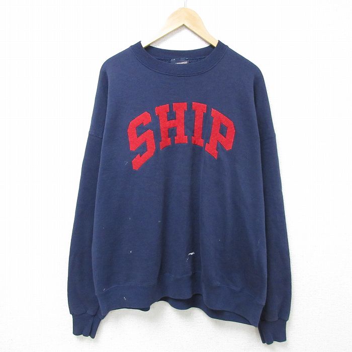【50%OFF】XL★古着 ジャンスポーツ 長袖 スウェット メンズ 90年代 90s SHIP 大きいサイズ クルーネック USA製 紺 ネイビー 25apr12 中古 スエット トレーナー トップス