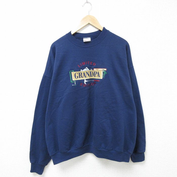 XL★古着 ヘインズ Hanes 長袖 スウェット メンズ 00年代 00s GRANDPA 刺繍 大きいサイズ クルーネック 紺 ネイビー 25apr12 中古 スエット トレーナー トップス