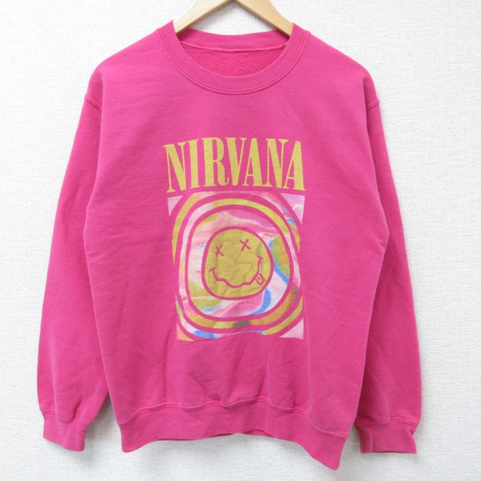 【50%OFF】S★古着 長袖 ロック バンド スウェット メンズ 00年代 00s ニルバーナ クルーネック ピンク 25apr12 中古 スエット トレーナー トップス