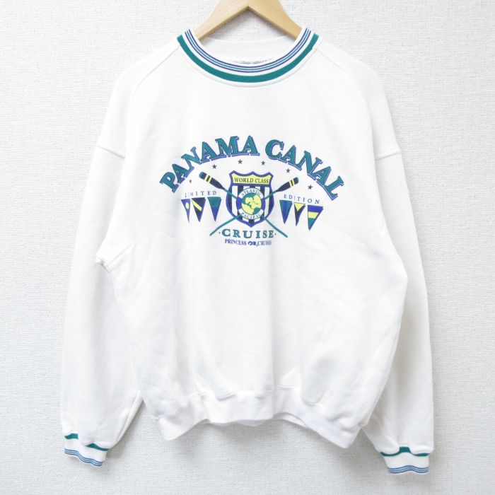 L★古着 長袖 スウェット メンズ 00年代 00s パナマ運河 クルーネック 白 ホワイト 25apr12 中古 スエット トレーナー トップス