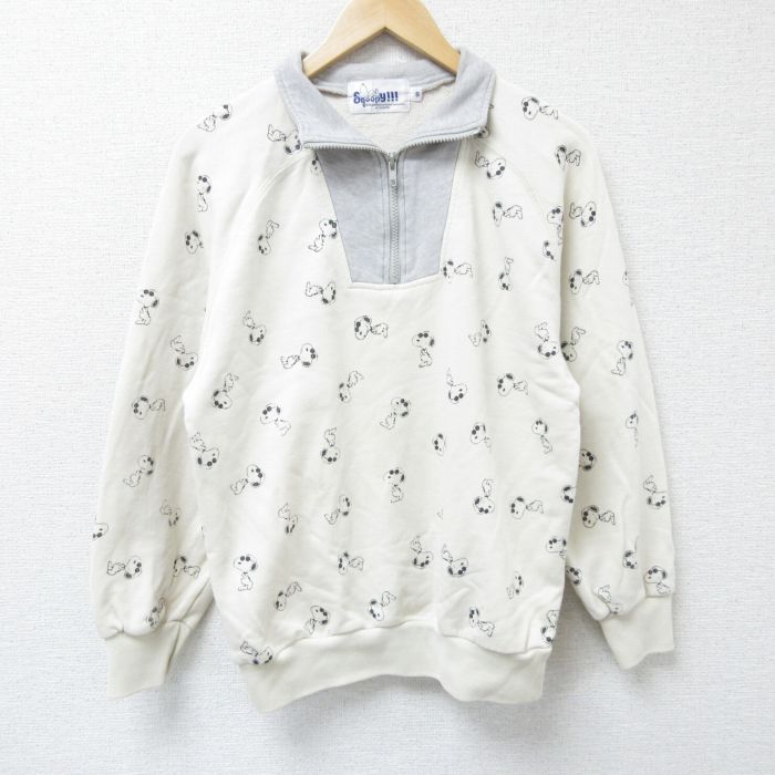 M★古着 長袖 ハーフジップ スウェット メンズ 00年代 00s スヌーピー SNOOPY 総柄 ツートンカラー ベージュ他 カーキ 25apr12 中古 スエット トレーナー トップス