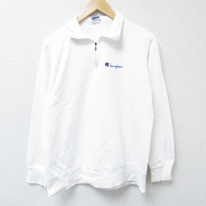 M★古着 チャンピオン Champion 長袖 ハーフジップ スウェット メンズ 90年代 90s ワンポイントロゴ USA製 白 ホワイト 25apr12 中古 スエット トレーナー トップス