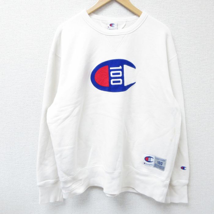 XL★古着 チャンピオン Champion 長袖 スウェット メンズ ビッグロゴ 刺繍 大きいサイズ クルーネック 白 ホワイト 25apr12 中古 スエット トレーナー トップス