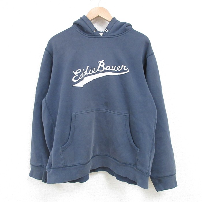 【50%OFF】L★古着 エディーバウアー Eddie Bauer 長袖 スウェット パーカー メンズ ビッグロゴ 紺 ネイビー 25apr11 中古 スエット トレーナー トップス
