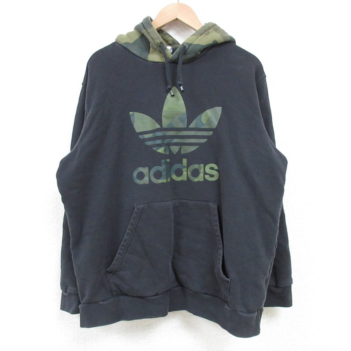 L★古着 アディダス adidas 長袖 スウェット パーカー メンズ ビッグロゴ 黒 ブラック 迷彩 25apr11 中古 スエット トレーナー トップス