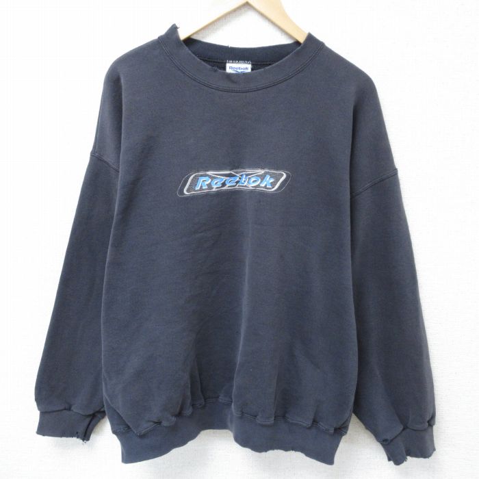 【50%OFF】XL★古着 リーボック REEBOK 長袖 スウェット メンズ 90年代 90s ビッグロゴ 刺繍 ボロ 大きいサイズ クルーネック USA製 黒 ブラック 25apr11 中古 スエット トレーナー トップス