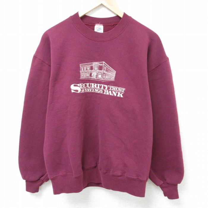 L★古着 ジャージーズ 長袖 スウェット メンズ 90年代 90s セキュリティ 刺繍 クルーネック USA製 エンジ 25apr11 中古 スエット トレーナー トップス