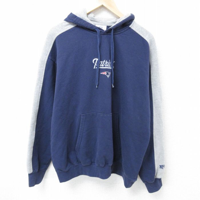 XL★古着 長袖 スウェット パーカー メンズ 00年代 00s NFL ニューイングランドペイトリオッツ ツートンカラー 刺繍 紺他 ネイビー アメフト スーパーボウル 25apr11 中古 スエット トレーナー トップス