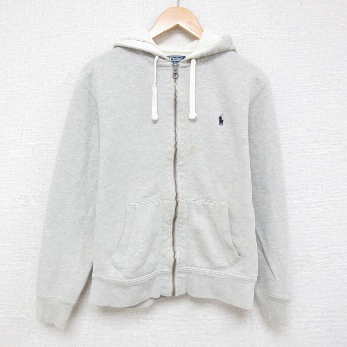 L★古着 ラルフローレン Ralph Lauren 長袖 ブランド フルジップ スウェット パーカー メンズ 90年代 90s ワンポイントロゴ グレー 霜降り フード内側サーマル 25apr14 中古 スエット トレーナー トップス