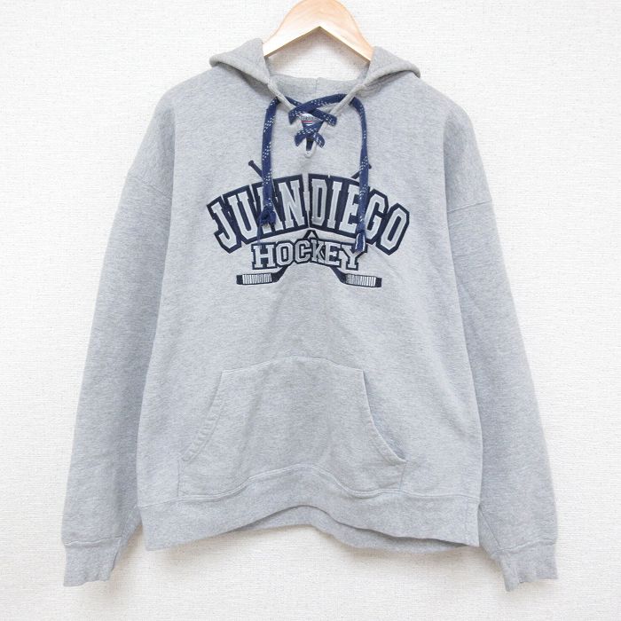 XL★古着 長袖 スウェット パーカー メンズ 00年代 00s ホッケー 刺繍 大きいサイズ USA製 グレー 霜降り 25apr14 中古 スエット トレーナー トップス