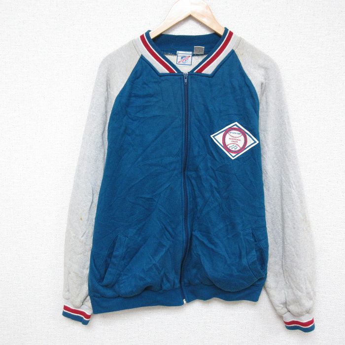XL★古着 マックレガー 長袖 フルジップ スウェット メンズ 90年代 90s 野球 ツートンカラー ラグラン クルーネック 青系 ブルー 内側サーマル 25apr14 中古 スエット トレーナー トップス