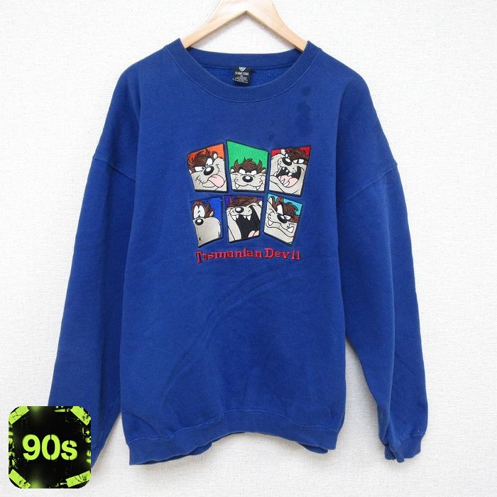 90s 長袖スウェット タズマニアンデビル刺繍 ブルー XL | 古着