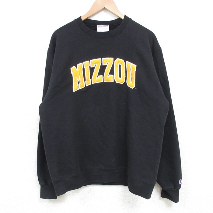M★古着 チャンピオン Champion 長袖 スウェット メンズ MIZZOU クルーネック 黒 ブラック 25apr14 中古 スエット トレーナー トップス