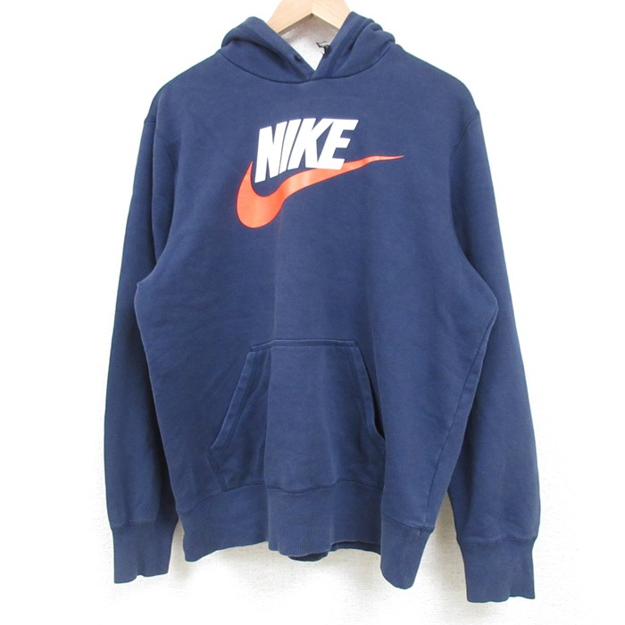 L★古着 ナイキ NIKE 長袖 スウェット パーカー メンズ ビッグロゴ 紺 ネイビー 25apr14 中古 スエット トレーナー トップス