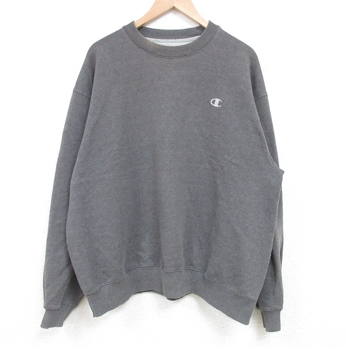 XL★古着 チャンピオン Champion 長袖 スウェット メンズ ワンポイントロゴ クルーネック 濃グレー 霜降り 25apr14 中古 スエット トレーナー トップス