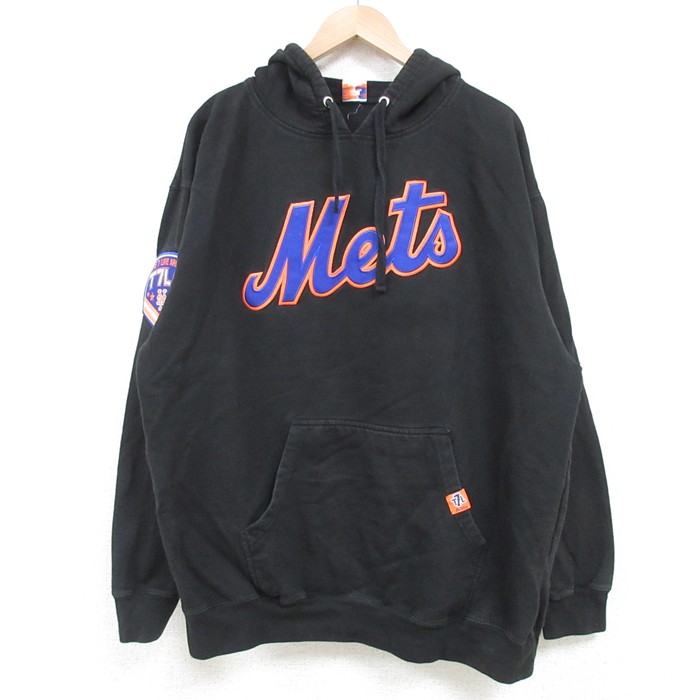 L★古着 長袖 スウェット パーカー メンズ MLB ニューヨークメッツ 黒 ブラック メジャーリーグ ベースボール 野球 25apr14 中古 スエット トレーナー トップス