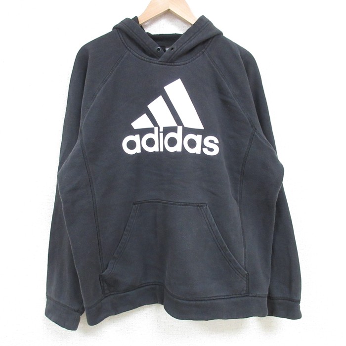 L★古着 アディダス adidas 長袖 スウェット パーカー メンズ ビッグロゴ ラグラン 黒 ブラック 25apr14 中古 スエット トレーナー トップス