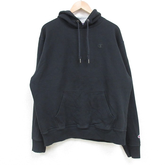 L★古着 チャンピオン Champion 長袖 スウェット パーカー メンズ ワンポイントロゴ 黒 ブラック 25apr14 中古 スエット トレーナー トップス