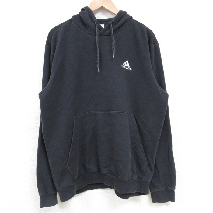 L★古着 アディダス adidas 長袖 スウェット パーカー メンズ ワンポイントロゴ 黒 ブラック 25apr14 中古 スエット トレーナー トップス