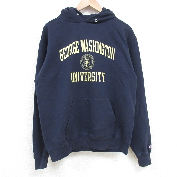 M★古着 チャンピオン Champion 長袖 スウェット パーカー メンズ ジョージワシントン カレッジ 紺 ネイビー 25apr14 中古 スエット トレーナー トップス