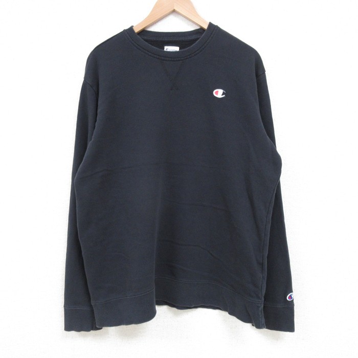 【50%OFF】L★古着 チャンピオン Champion 長袖 スウェット メンズ ワンポイントロゴ クルーネック 黒 ブラック 25apr14 中古 スエット トレーナー トップス