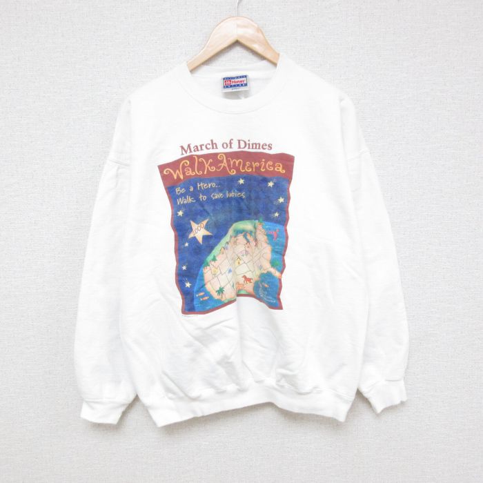 XL★古着 ヘインズ Hanes 長袖 スウェット メンズ 00年代 00s 地球 星 クルーネック 白 ホワイト 25apr14 中古 スエット トレーナー トップス