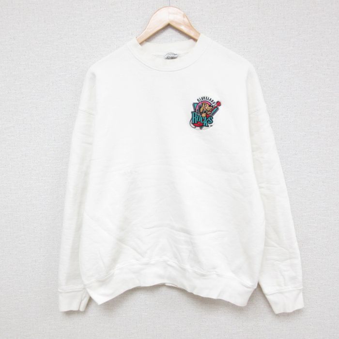 L★古着 フルーツオブザルーム 長袖 スウェット メンズ 90年代 90s 犬 ロック クルーネック USA製 白 ホワイト 25apr14 中古 スエット トレーナー トップス