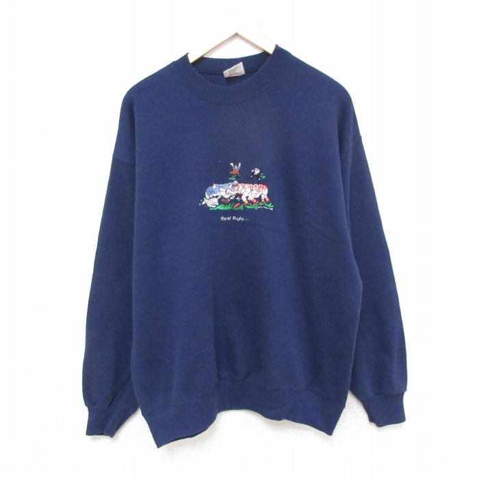 ヘインズ 90s 長袖スウェット ラグビー刺繍 ネイビー XL | 古着
