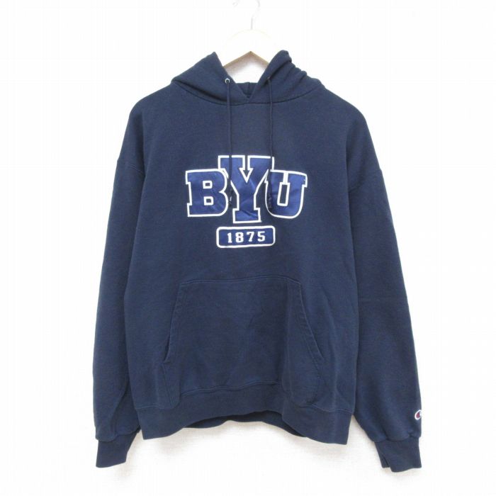 【50%OFF】L★古着 チャンピオン Champion 長袖 スウェット パーカー メンズ 00年代 00s BYU 紺 ネイビー 25apr14 中古 スエット トレーナー トップス
