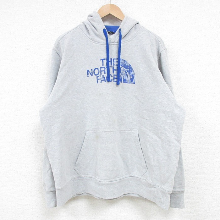 XL★古着 ノースフェイス THE NORTH FACE 長袖 スウェット パーカー メンズ ビッグロゴ グレー 霜降り 25apr15 中古 スエット トレーナー トップス