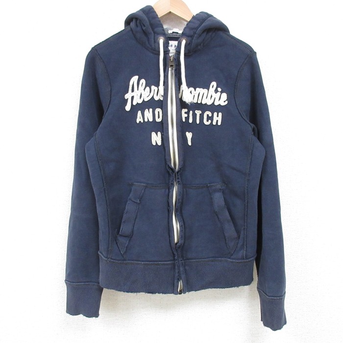 M★古着 アバクロンビー Abercrombie&fitch 長袖 フルジップ スウェット パーカー メンズ ビッグロゴ 紺 ネイビー フード内側サーマル 25apr15 中古 スエット トレーナー トップス