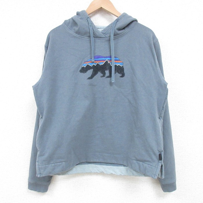 L★古着 パタゴニア patagonia 長袖 スウェット パーカー メンズ ビッグロゴ 紺 ネイビー 霜降り 25apr15 中古 スエット トレーナー トップス