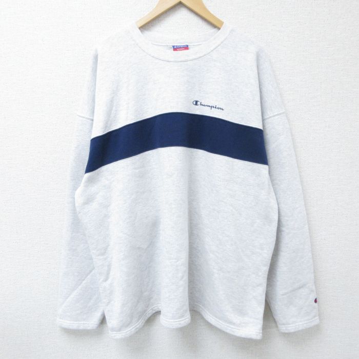 【50%OFF】XL★古着 チャンピオン Champion 長袖 スウェット メンズ 00年代 00s ワンポイントロゴ ツートンカラー 大きいサイズ クルーネック 薄グレー他 霜降り 25apr15 中古 スエット トレーナー トップス