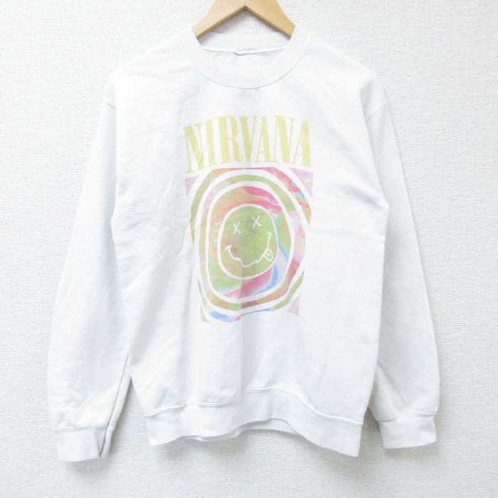 【50%OFF】S★古着 長袖 ロック バンド スウェット メンズ ニルバーナ クルーネック 白 ホワイト 25apr15 中古 スエット トレーナー トップス