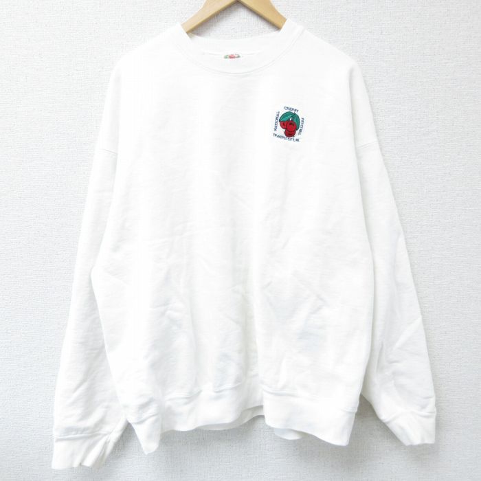 XL★古着 フルーツオブザルーム 長袖 スウェット メンズ 90年代 90s チェリー 大きいサイズ クルーネック USA製 白 ホワイト 25apr15 中古 スエット トレーナー トップス