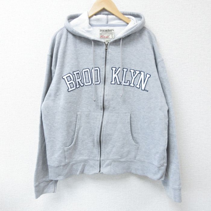 XL★古着 STEAVE＆BARRYS 長袖 フルジップ スウェット パーカー メンズ ブルックリン 刺繍 グレー 霜降り 25apr15 中古 スエット トレーナー トップス