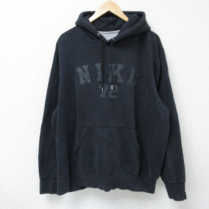 【20%OFF】XL★古着 ナイキ NIKE 長袖 スウェット パーカー メンズ ビッグロゴ 刺繍 大きいサイズ 黒 ブラック 25apr15 中古 スエット トレーナー トップス