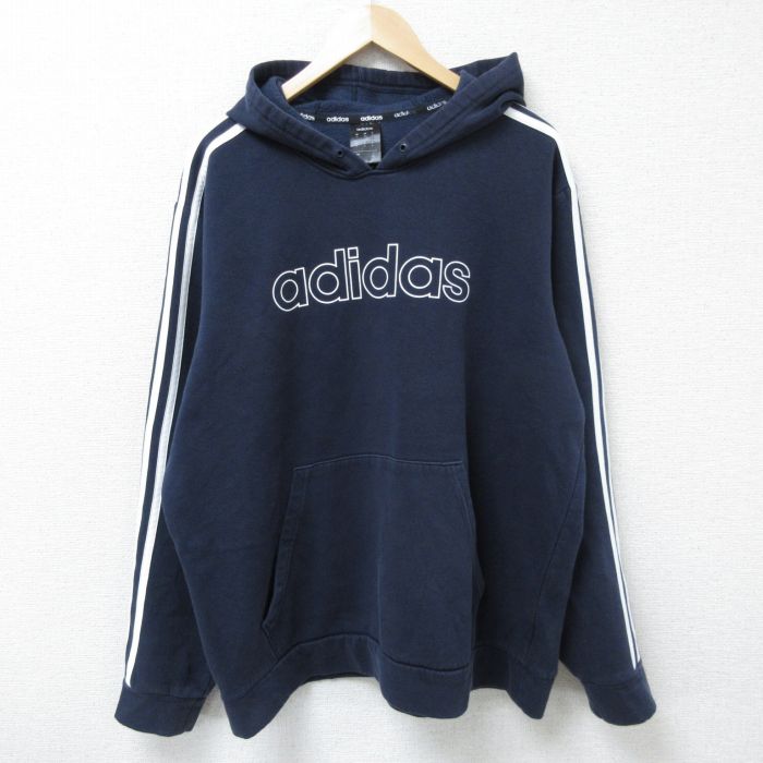 XL★古着 アディダス adidas 長袖 スウェット パーカー メンズ ビッグロゴ 大きいサイズ 紺 ネイビー 三本ライン 25apr15 中古 スエット トレーナー トップス