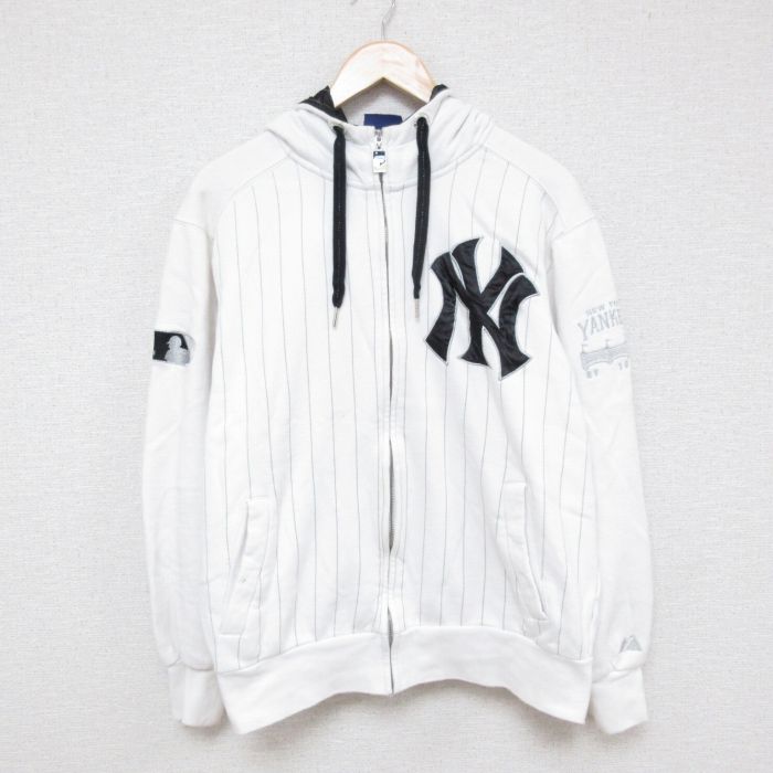 【20%OFF】L★古着 マジェスティック 長袖 スウェット パーカー メンズ 00年代 00s MLB ニューヨークヤンキース 白 ホワイト ストライプ メジャーリーグ ベースボール 野球 25apr15 中古 スエット トレーナー トップス