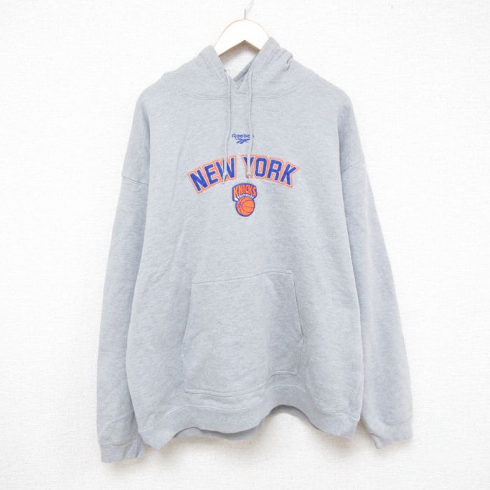 XL★古着 リーボック REEBOK 長袖 スウェット パーカー メンズ 00年代 00s NBA ニューヨークニックス 刺繍 大きいサイズ グレー 霜降り バスケットボール 25apr15 中古 スエット トレーナー トップス