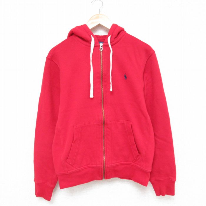 M★古着 ラルフローレン Ralph Lauren 長袖 ブランド フルジップ スウェット パーカー メンズ 90年代 90s ワンポイントロゴ 赤 レッド フード内側サーマル 25apr15 中古 スエット トレーナー トップス