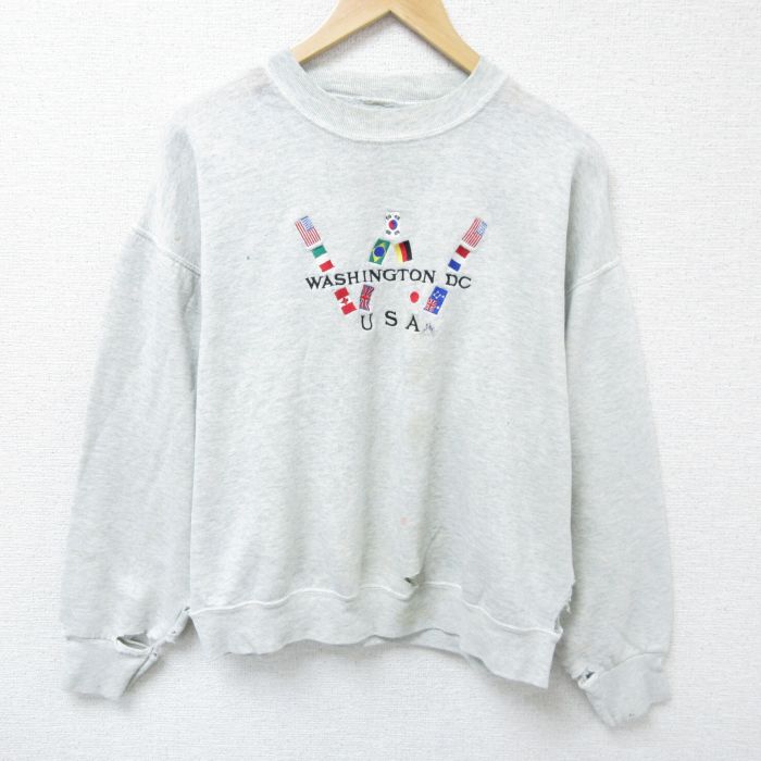 L★古着 長袖 スウェット メンズ 00年代 00s ワシントン 国旗 刺繍 ボロ クルーネック グレー 霜降り 25apr16 中古 スエット トレーナー トップス