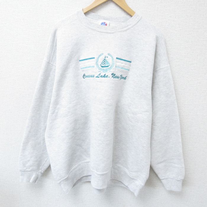 【50%OFF】XL★古着 長袖 スウェット メンズ 90年代 90s ヨット ニューヨーク 刺繍 大きいサイズ コットン クルーネック USA製 薄グレー 霜降り 25apr16 中古 スエット トレーナー トップス