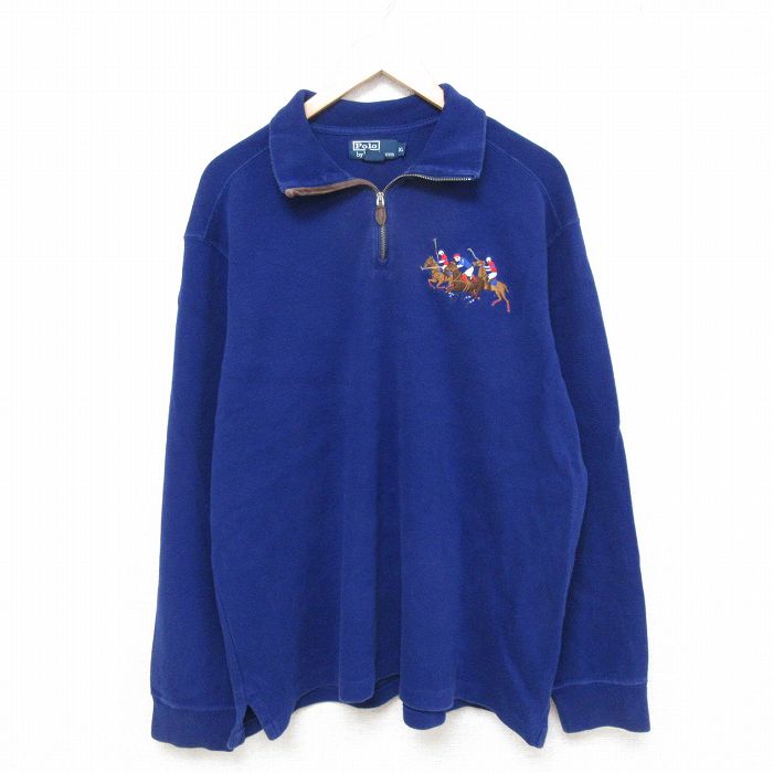 XL★古着 ラルフローレン Ralph Lauren 長袖 ブランド ハーフジップ トップス メンズ 00年代 00s ワンポイントロゴ コットン クルーネック 紺 ネイビー 【spe】 25apr16 中古 スエット トレーナー
