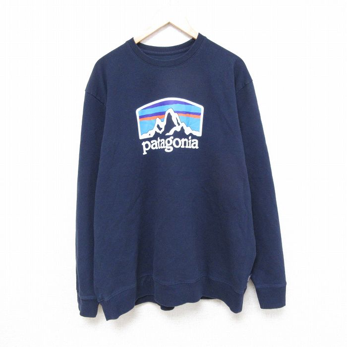 XL★古着 パタゴニア patagonia 長袖 スウェット メンズ ビッグロゴ 大きいサイズ クルーネック 紺 ネイビー 25apr16 中古 スエット トレーナー トップス
