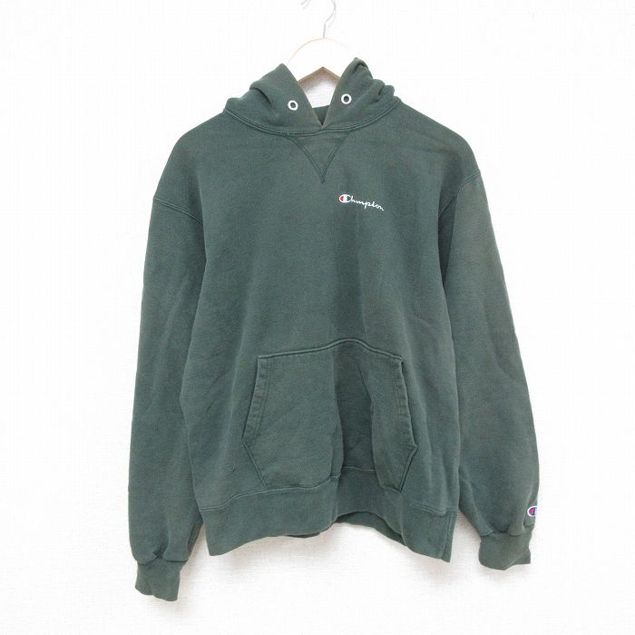 L★古着 チャンピオン Champion 長袖 スウェット パーカー メンズ 90年代 90s ワンポイントロゴ USA製 緑 グリーン 25apr16 中古 スエット トレーナー トップス