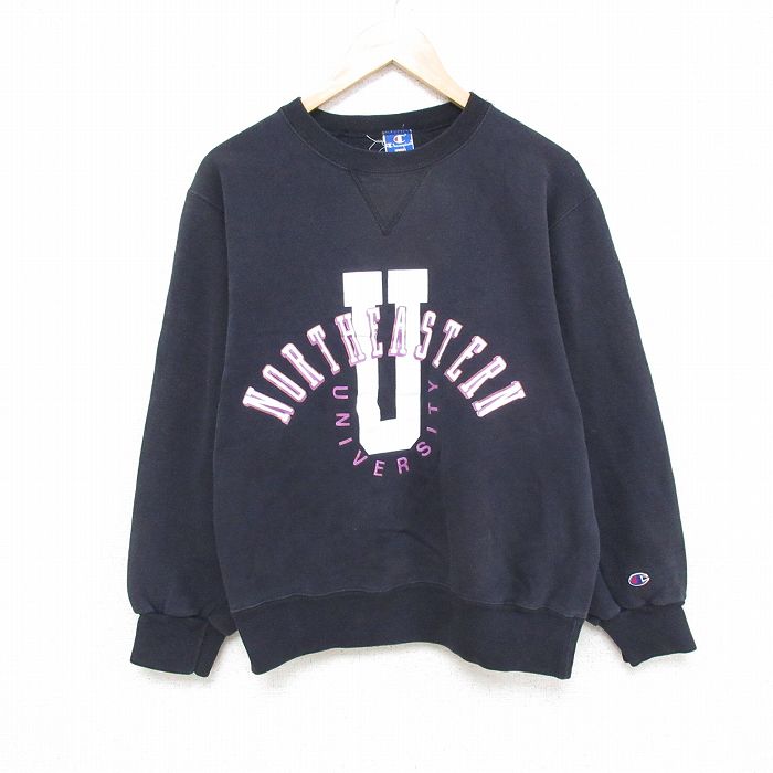 【20%OFF】M★古着 チャンピオン Champion 長袖 スウェット メンズ 90年代 90s ノースイースタン 大学 クルーネック USA製 黒 ブラック 25apr16 中古 スエット トレーナー トップス