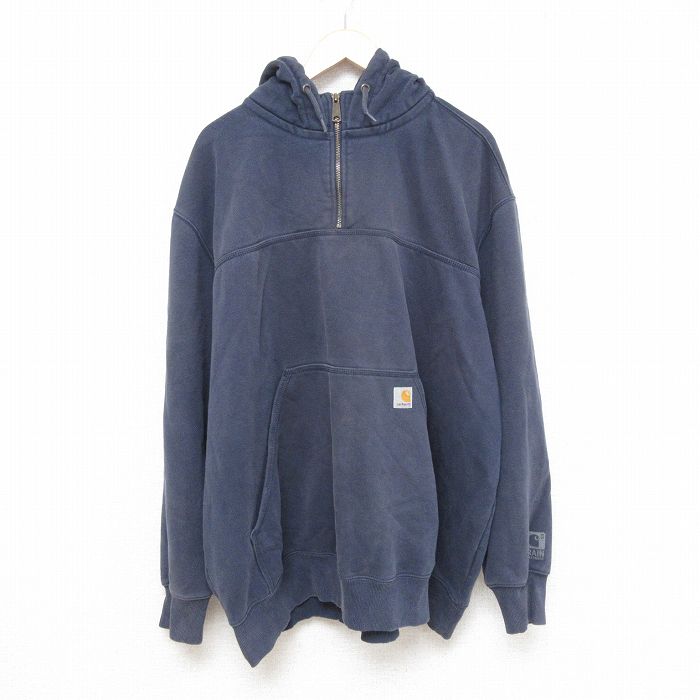 【50%OFF】XL★古着 カーハート Carhartt 長袖 ハーフジップ スウェット パーカー メンズ ワンポイントロゴ 大きいサイズ 紺 ネイビー 25apr16 中古 スエット トレーナー トップス