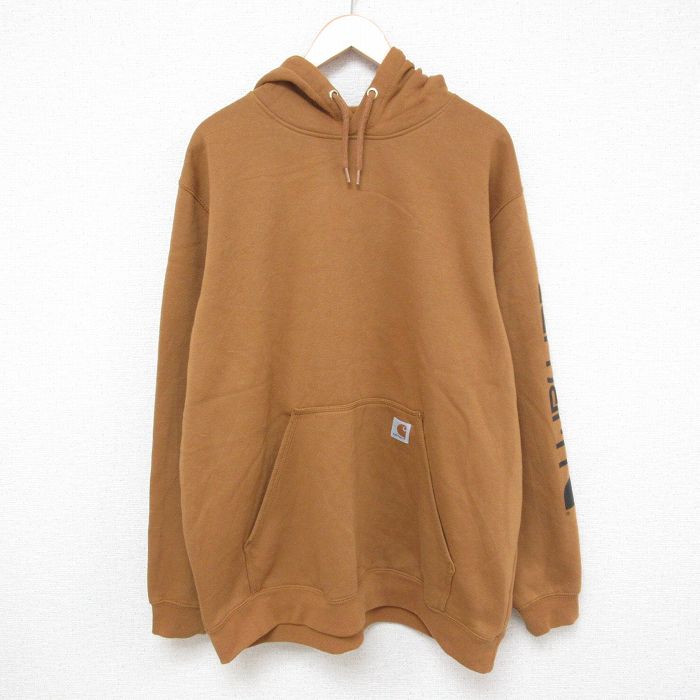 XL★古着 カーハート Carhartt 長袖 スウェット パーカー メンズ ワンポイントロゴ 大きいサイズ 茶 ブラウン 25apr16 中古 スエット トレーナー トップス